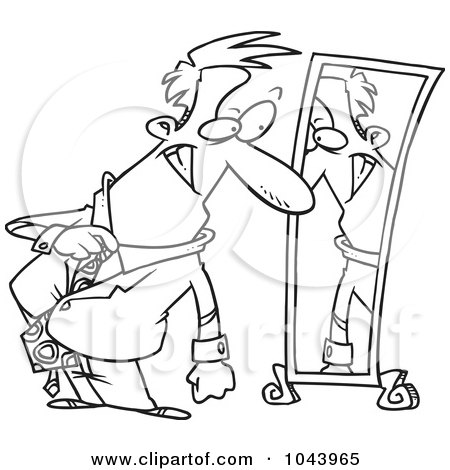 Royalty-Free (RF) Clip Art Illustration of a Cartoon Black And White Outline Design Of A Businessman Dressing In Front Of A Mirror by toonaday