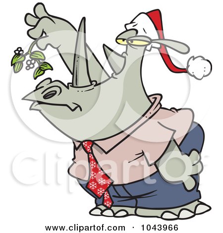 Royalty-Free (RF) Clip Art Illustration of a Cartoon Business Rhino Holding Mistletoe And Puckering by toonaday
