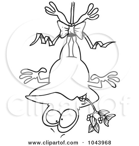 Royalty-Free (RF) Clip Art Illustration of a Cartoon Black And White Outline Design Of A Frog Hanging Upside Down With Mistletoe by toonaday