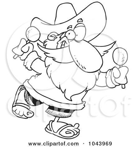 Royalty-Free (RF) Clip Art Illustration of a Cartoon Black And White Outline Design Of A Mexican Santa Shaking Maracas by toonaday