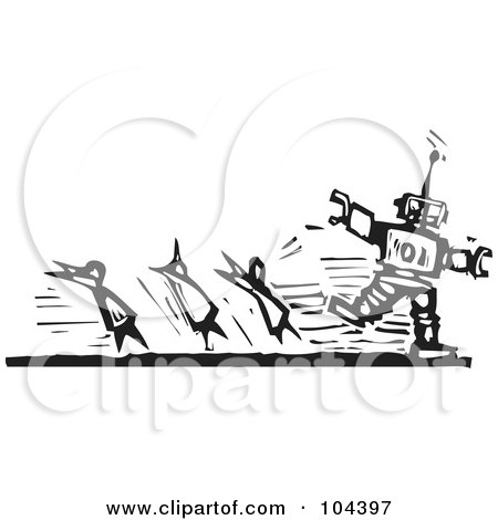 Royalty-Free (RF) Clipart Illustration of a Black And White Woodcut Styled Robot Chasing After People by xunantunich