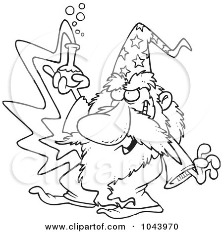 Royalty-Free (RF) Clip Art Illustration of a Cartoon Black And White Outline Design Of Merlin Holding A Beaker by toonaday