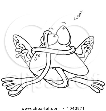 Royalty-Free (RF) Clip Art Illustration of a Cartoon Black And White Outline Design Of A Frog Tangled In His Tongue by toonaday
