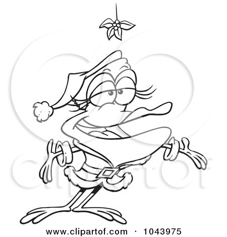 Royalty-Free (RF) Clip Art Illustration of a Cartoon Black And White Outline Design Of A Female Frog In A Santa Suit Under Mistletoe by toonaday