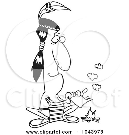 Royalty-Free (RF) Clip Art Illustration of a Cartoon Black And White Outline Design Of A Native American Man Fanning A Fire With A Memo by toonaday