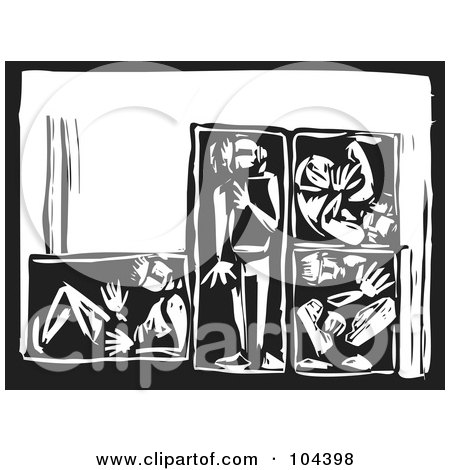 Royalty-Free (RF) Clipart Illustration of a Black And White Woodcut Styled Man In Different Positions In Boxes by xunantunich