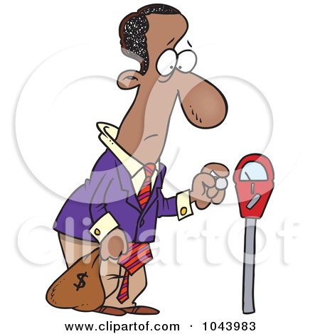 Royalty-Free (RF) Clip Art Illustration of a Cartoon Black Businessman Holding A Money Bag By A Meter by toonaday