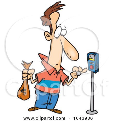 Royalty-Free (RF) Clip Art Illustration of a Cartoon Man Holding A Money Bag And Paying A Parking Meter by toonaday