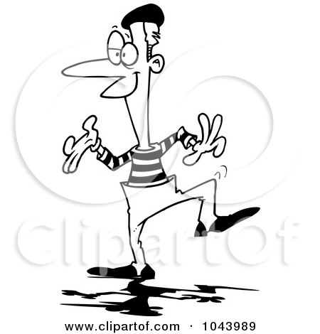Royalty-Free (RF) Clip Art Illustration of a Cartoon Black And White Outline Design Of A Performing Mime by toonaday