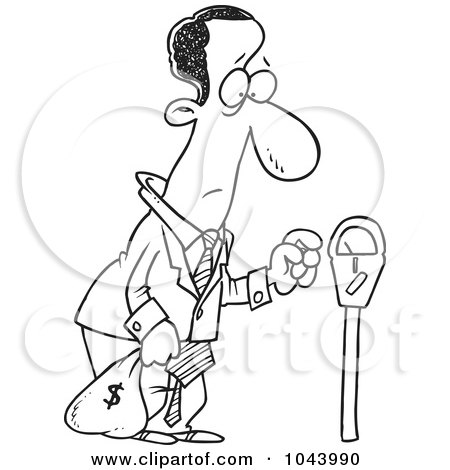 Royalty-Free (RF) Clip Art Illustration of a Cartoon Black And White Outline Design Of A Black Businessman Holding A Money Bag By A Meter by toonaday