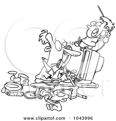 Royalty-Free (RF) Clip Art Illustration of a Cartoon Black And White Outline Design Of A Father Working From Home by toonaday