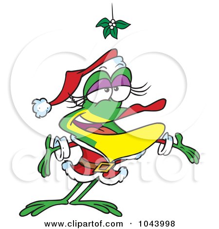 Royalty-Free (RF) Clip Art Illustration of a Cartoon Female Frog In A Santa Suit Under Mistletoe by toonaday