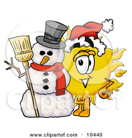 Clipart Picture of a Sun Mascot Cartoon Character With a Snowman on Christmas by Mascot Junction
