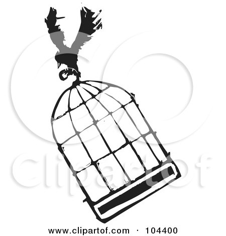 Royalty-Free (RF) Clipart Illustration of a Black And White Woodcut Styled Crow Flying With A Cage by xunantunich