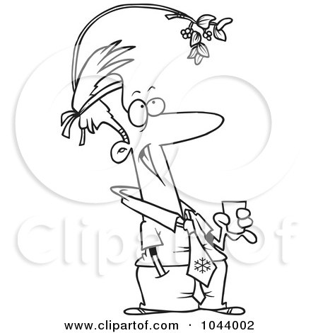 Royalty-Free (RF) Clip Art Illustration of a Cartoon Black And White Outline Design Of A Businessman Wearing Mistletoe At The Office Christmas Party by toonaday