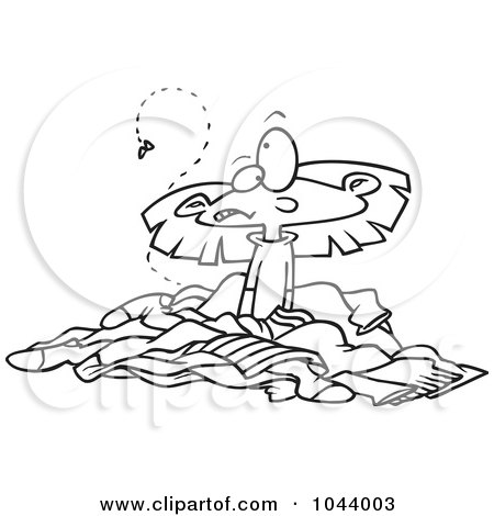 Royalty-Free (RF) Clip Art Illustration of a Cartoon Black And White Outline Design Of A Girl In A Pile Of Stinky Laundry by toonaday