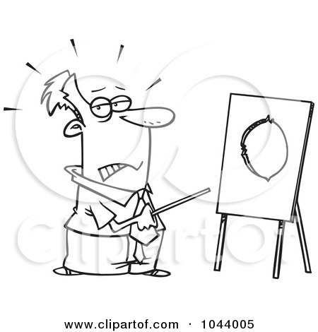 Royalty-Free (RF) Clip Art Illustration of a Cartoon Black And White Outline Design Of A Businessman Pointing To A Board With A Hole by toonaday