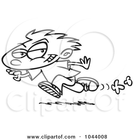 Royalty-Free (RF) Clip Art Illustration of a Cartoon Black And White Outline Design Of A Running Mischievous Boy by toonaday