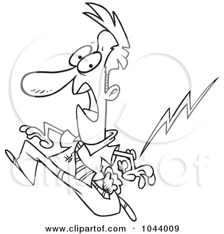 Royalty-Free (RF) Clip Art Illustration of a Cartoon Black And White Outline Design Of A Misfortunate Businessman Running From Lightning by toonaday
