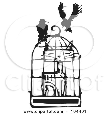 Royalty-Free (RF) Clipart Illustration of a Black And White Woodcut Styled Cat In A Bird Cage, Crows Above by xunantunich