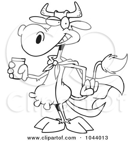 Royalty-Free (RF) Clip Art Illustration of a Cartoon Black And White Outline Design Of A Super Cow Holding A Glass Of Milk by toonaday