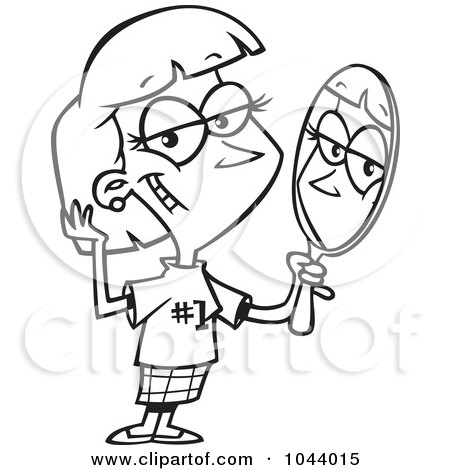 Royalty-Free (RF) Clip Art Illustration of a Cartoon Black And White Outline Design Of A Woman Staring Vainly In A Mirror by toonaday
