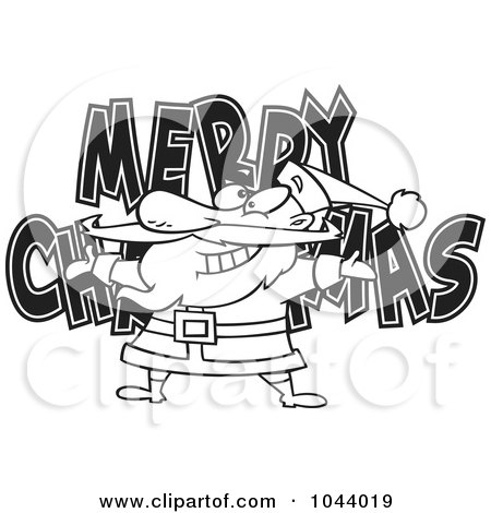 Royalty-Free (RF) Clip Art Illustration of a Cartoon Black And White Outline Design Of Santa Over MERRY CHRISTMAS by toonaday