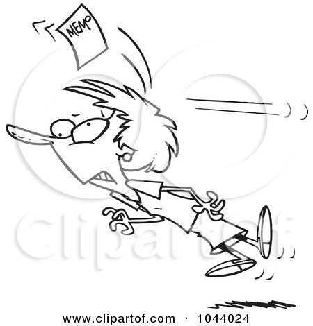 Royalty-Free (RF) Clip Art Illustration of a Cartoon Black And White Outline Design Of A Businesswoman Being Knocked Out With A Memo by toonaday