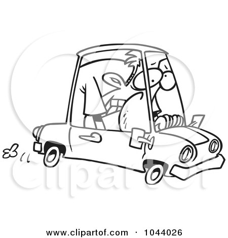 Royalty-Free (RF) Clip Art Illustration of a Cartoon Black And White Outline Design Of A Man Cramped Into His Mini Car by toonaday
