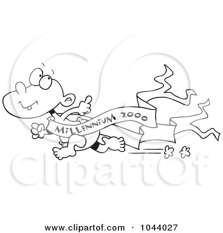 Royalty-Free (RF) Clip Art Illustration of a Cartoon Black And White Outline Design Of A Running New Year Baby With A Banner by toonaday