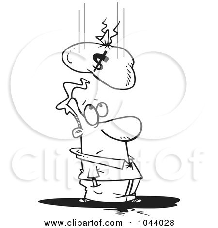 Royalty-Free (RF) Clip Art Illustration of a Cartoon Black And White Outline Design Of A Money Bag Falling On A Man by toonaday