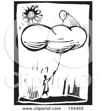 Royalty-Free (RF) Clipart Illustration of a Black And White Woodcut Styled Person With A Balloon Above A Cloud by xunantunich