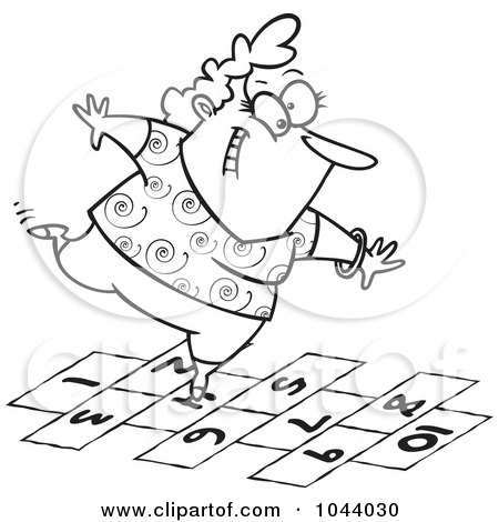 Royalty-Free (RF) Clip Art Illustration of a Cartoon Black And White Outline Design Of A Happy Woman Playing Hopscotch by toonaday