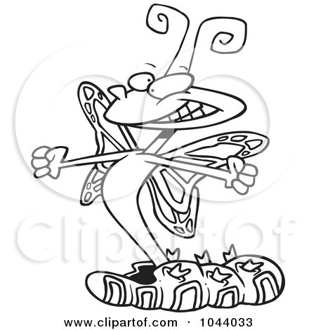 Royalty-Free (RF) Clip Art Illustration of a Cartoon Black And White Outline Design Of A Butterfly Emerging From A Cocoon by toonaday