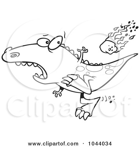 Royalty-Free (RF) Clip Art Illustration of a Cartoon Black And White Outline Design Of A Dinosaur Running From A Falling Meteor by toonaday