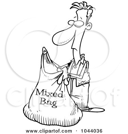 Royalty-Free (RF) Clip Art Illustration of a Cartoon Black And White Outline Design Of A Man Holding A Mixed Bag by toonaday