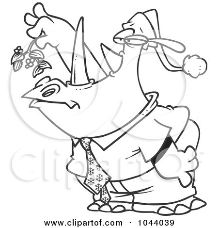 Royalty-Free (RF) Clip Art Illustration of a Cartoon Black And White Outline Design Of A Business Rhino Holding Mistletoe And Puckering by toonaday