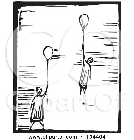 Royalty-Free (RF) Clipart Illustration of Black And White Woodcut Styled People Floating With Balloons by xunantunich