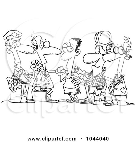 Royalty-Free (RF) Clip Art Illustration of a Cartoon Black And White Outline Design Of A Group Of Men From Different Occupations by toonaday