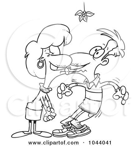 Royalty-Free (RF) Clip Art Illustration of a Cartoon Black And White Outline Design Of A Couple Smooching Under Mistletoe by toonaday
