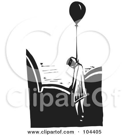 Royalty-Free (RF) Clipart Illustration of a Black And White Woodcut Styled Dead Man Hanged By A Balloon, Floating Above Clouds by xunantunich