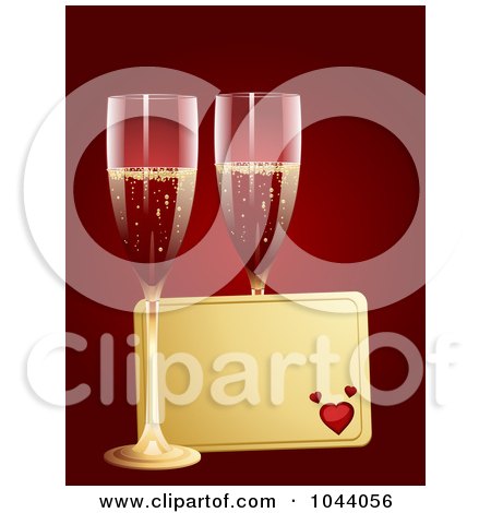 Royalty-Free (RF) Clip Art Illustration of a Golden Valentine Tag With Two Glasses Of Champagne Over Red by elaineitalia