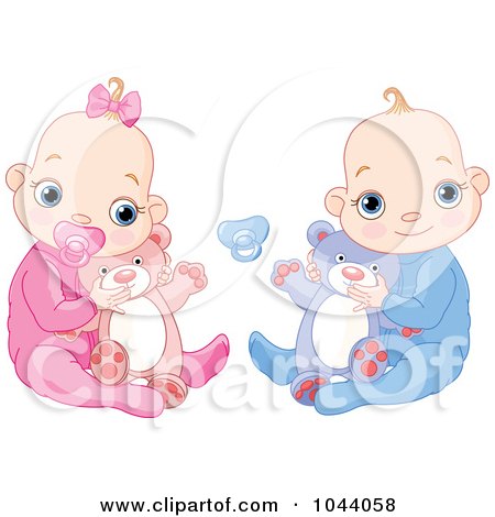 Royalty-Free (RF) Clip Art Illustration of a Digital Collage Of A Baby Boy And Baby Girl Holding Teddy Bears by Pushkin