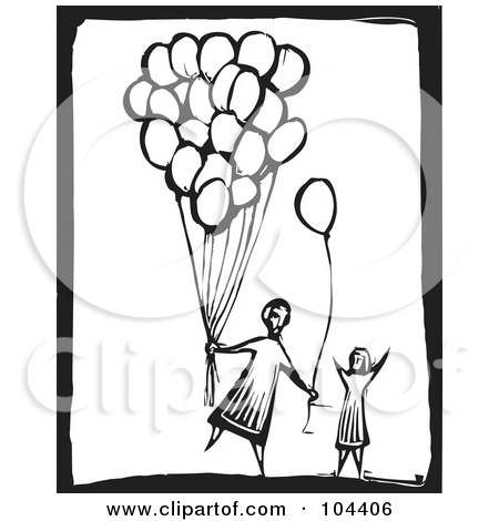 Royalty-Free (RF) Clipart Illustration of a Black And White Woodcut Styled Person Giving Away Balloons by xunantunich
