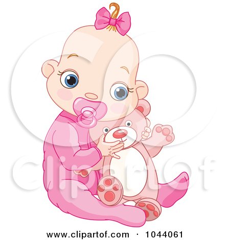 Royalty-Free (RF) Clip Art Illustration of a Baby Girl Holding A Teddy Bear by Pushkin