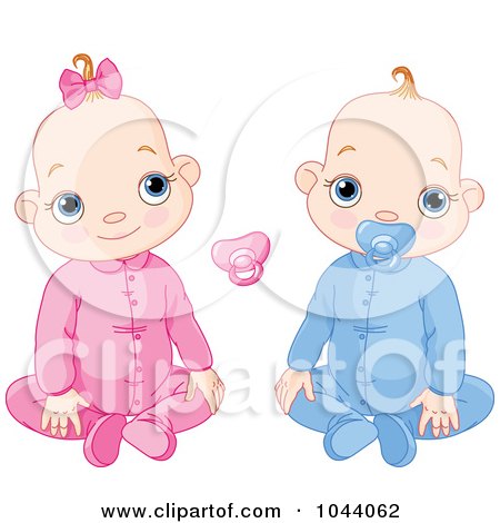 Royalty-Free (RF) Clip Art Illustration of a Digital Collage Of A Baby Boy And Girl With Pacifiers by Pushkin