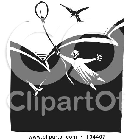 Royalty-Free (RF) Clipart Illustration of a Black And White Woodcut Styled Person Floating Above The Clouds With Birds And A Balloon by xunantunich
