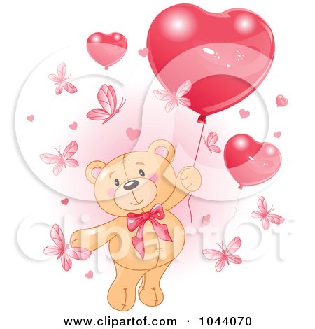 Royalty-Free (RF) Clip Art Illustration of a Teddy Bear With Butterflies And Valentine Heart Balloons by Pushkin