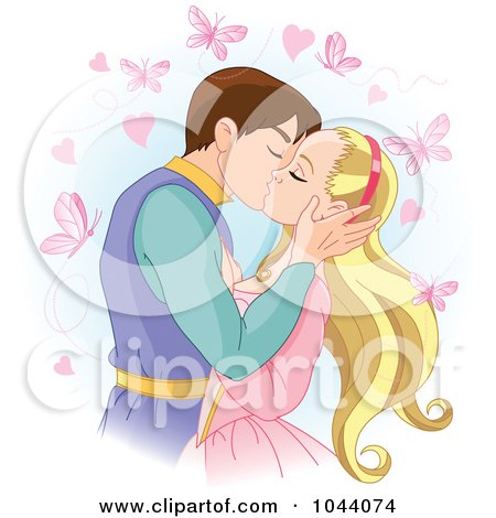 Royalty-Free (RF) Clip Art Illustration of Butterflies Flying Around Prince Charming Kissing A Princess by Pushkin