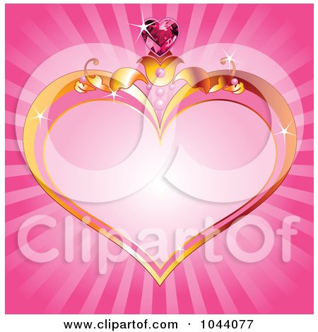 Royalty-Free (RF) Clip Art Illustration of a Gold Heart Frame With A Gem Over Pink Rays by Pushkin